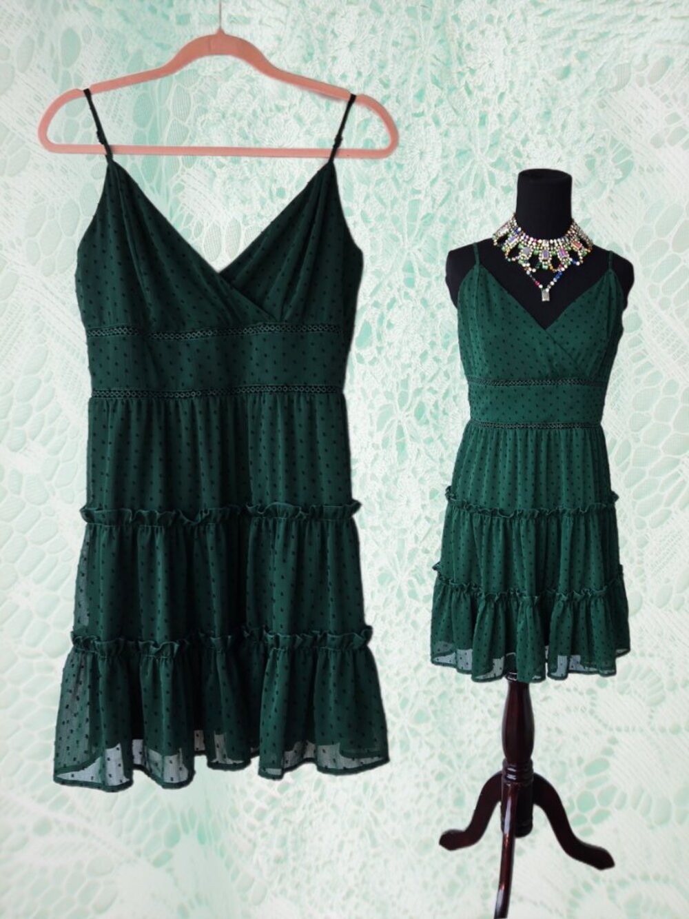 Trixxi Green Swiss Dot Midi Length Dress  Ruffle Strapless Babydoll Style Lrg